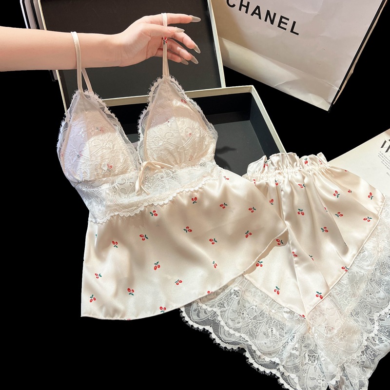 Women's New Summer Style Small Cherry Print Hollow Suspender Shorts with Breast Pads, Pajamas Set, Home Clothes