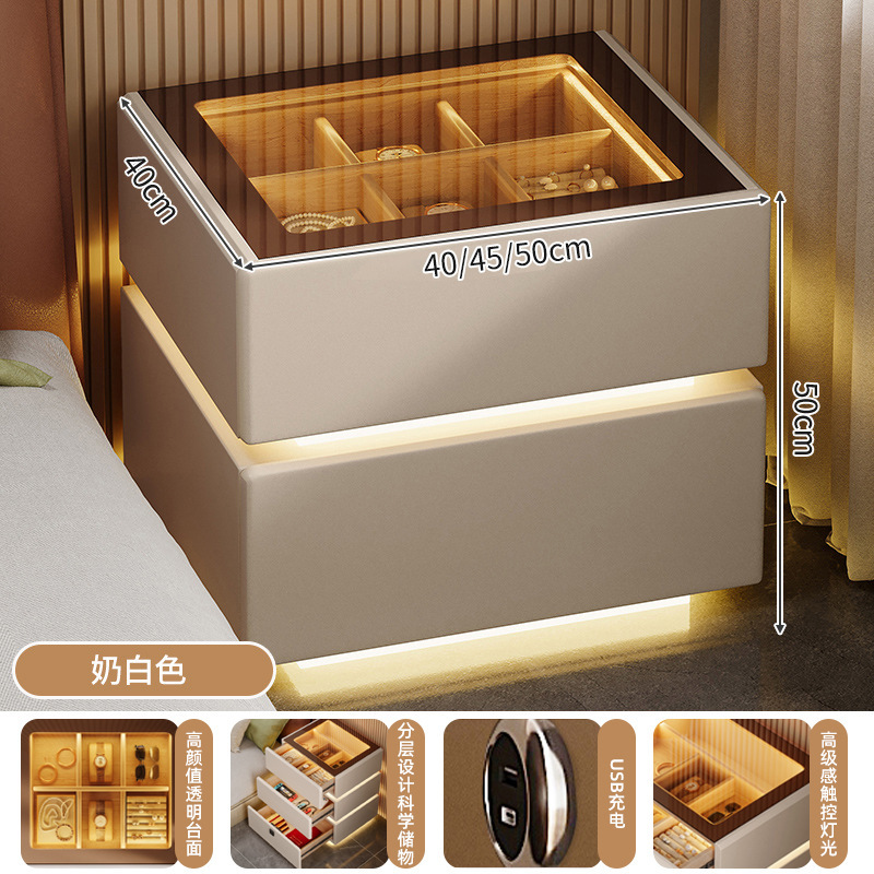 2024 nueva mesita de noche, lujo ligero, vidrio de alta gama con luz, dormitorio principal, precio alto, armario de almacenamiento rojo de Internet