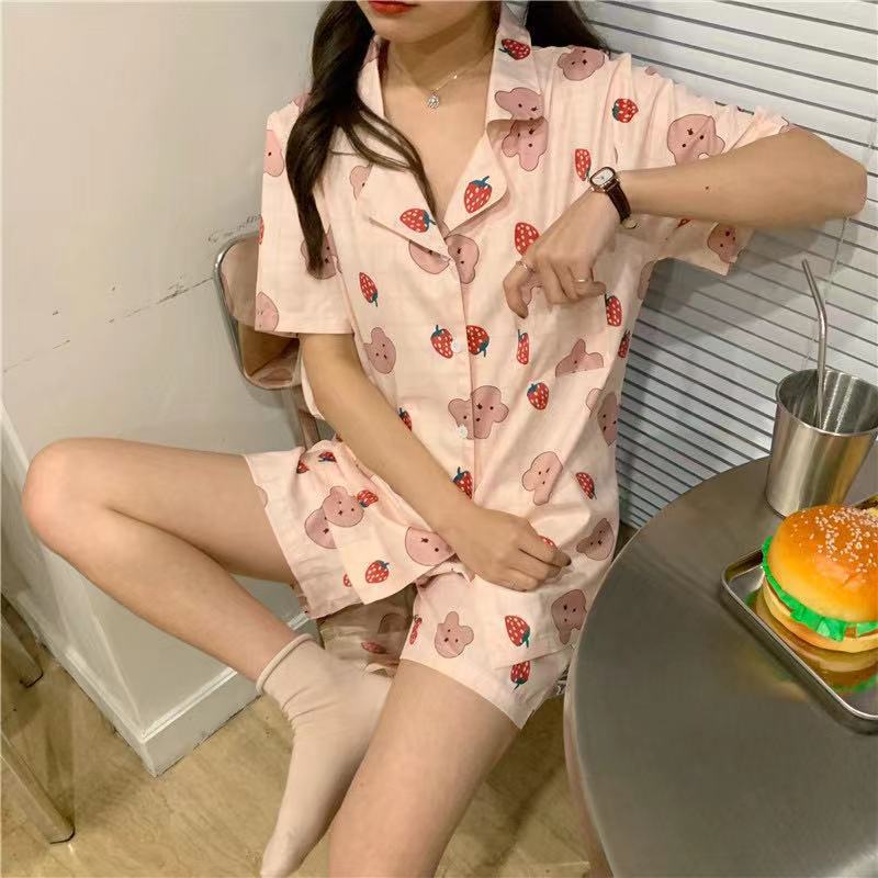 Pantalones cortos de manga corta de verano, pijamas de rebeca, damas, estilo de princesa de estudiante coreano, traje de casa de dibujos animados dulce y lindo