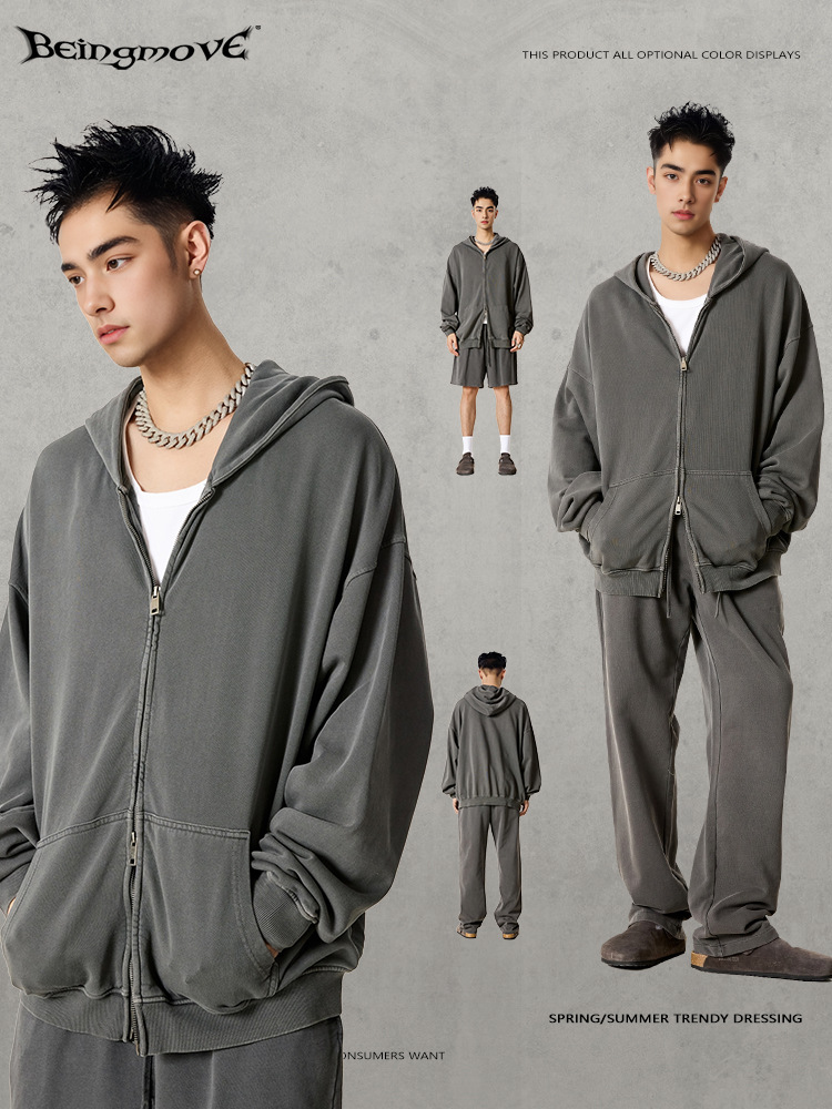 2025 primavera marca de moda americana de doble cremallera de algodón cardigan suéter hombre relajado casual deportivo chaqueta de pareja encapuchada
