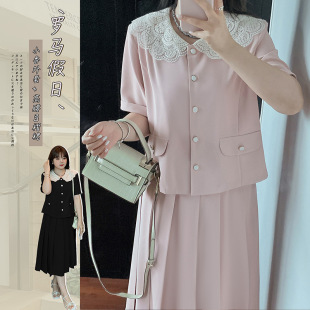 7743 plus size Korean version of small fragrance gentle wind two-piece summer new plus fat cover meat short sleeve pleated skirt suit-BFD