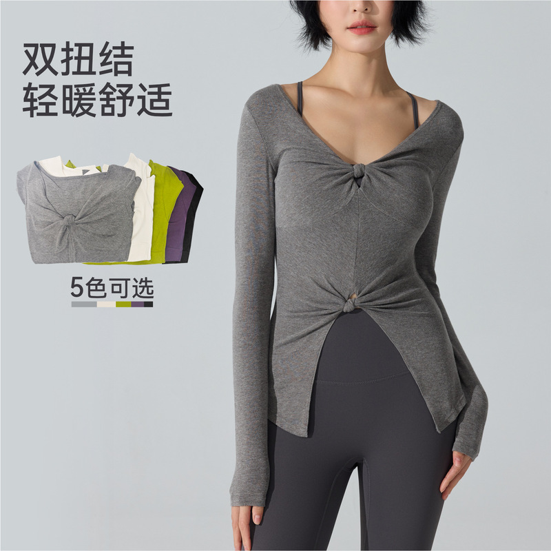 Retro Pure Desire Yoga Long-Sleeved Slimming Look Fitness Top for Women V Neck Double Twist Slim Running Autumn and Winter Sports T-Shirt for Women
