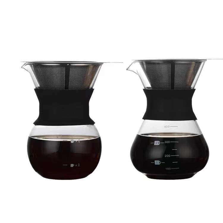 Olla de café de mano de vidrio de borosilicato con filtro de manga de silicona olla de intercambio de múltiples especificaciones olla de café de vientre redondo de gran capacidad