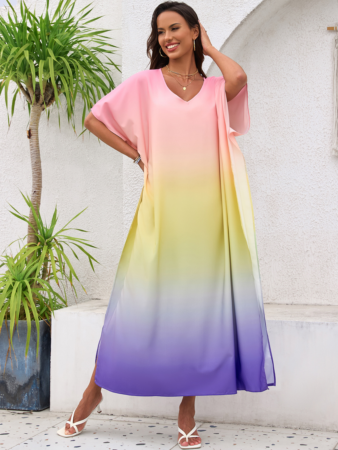 Vestido de playa de talla grande con estampado degradado europeo y americano, pareo de playa, protección solar, bata de playa