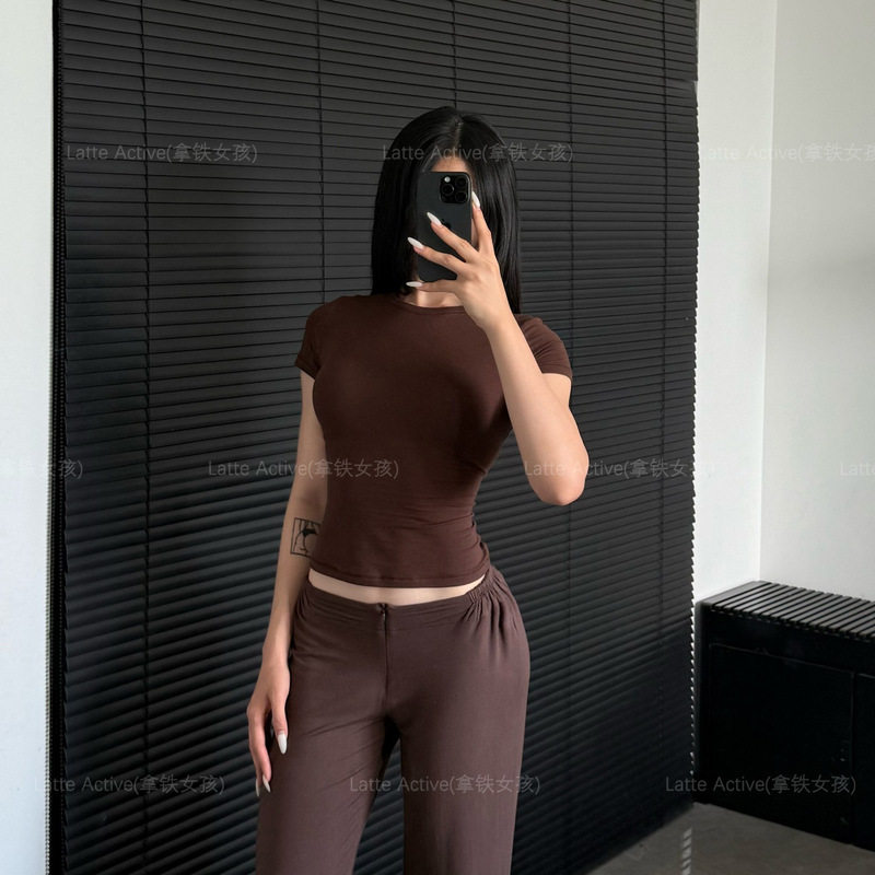 跨境瑜伽服T恤紧身短袖短款短袖纯色内搭夏季显瘦圆领|undefined