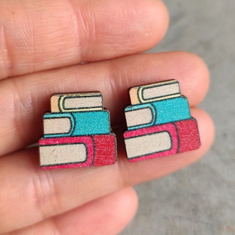 Book, Rainbow, pencil Pattern 1 Pair Cartoon Style Book Rainbow Pencil Wood Women's Ear Studs