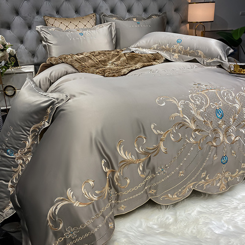 European high-end embroidered silk brocade Tencel four-piece set pure cotton bed sheet and duvet cover bed skirt option wedding celebration bedding wholesale