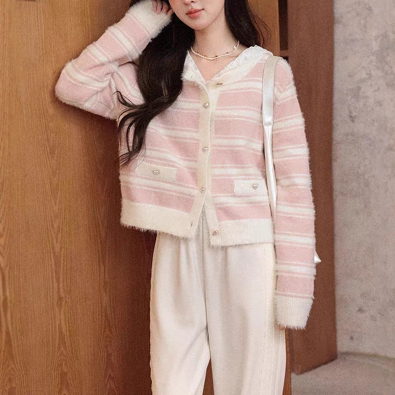 Pink Striped Crew Neck Knit Sweater Cardigan for Women in Autumn