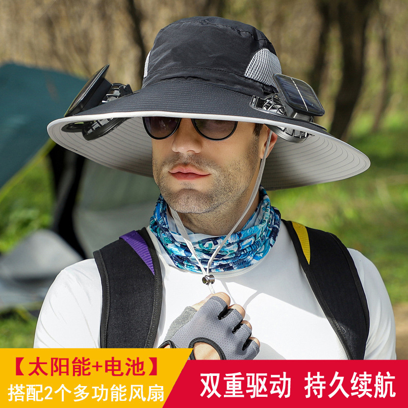 Sombrero de ventilador solar para hombre de verano gran sombrero de borde anti-UV sombrero de pescador de montaña sombrero de ventilador de sombra de pesca