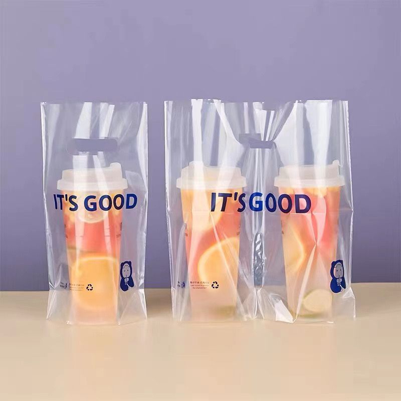 奶茶店手提98口径打包袋一次性饮品咖啡外卖透明加厚单杯双杯钉制