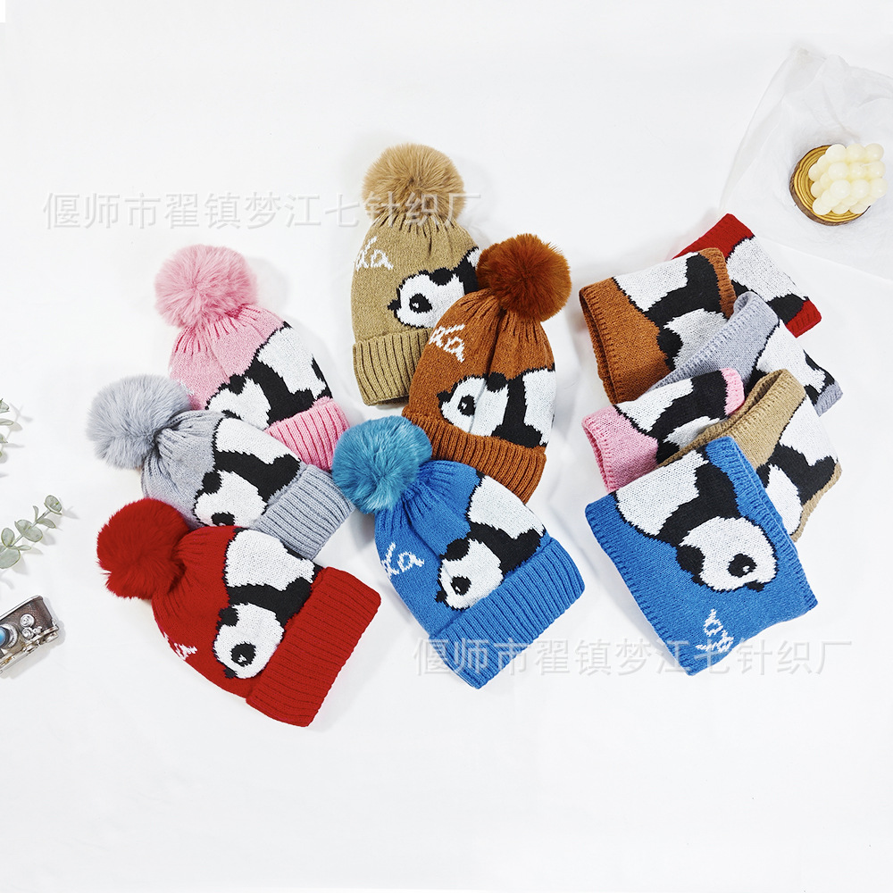 針織帽子套裝新品秋冬季熊貓針織帽可愛圍巾套裝加絨加厚舒適學生