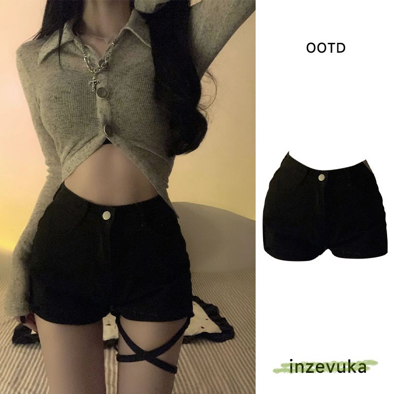 블랙 데님 반바지 여자 높은 허리 뜨거운 소녀 여름 2025 새로운 꽉 스트레치 슬리밍 올 매치 힙합 핫 팬츠 트렌디