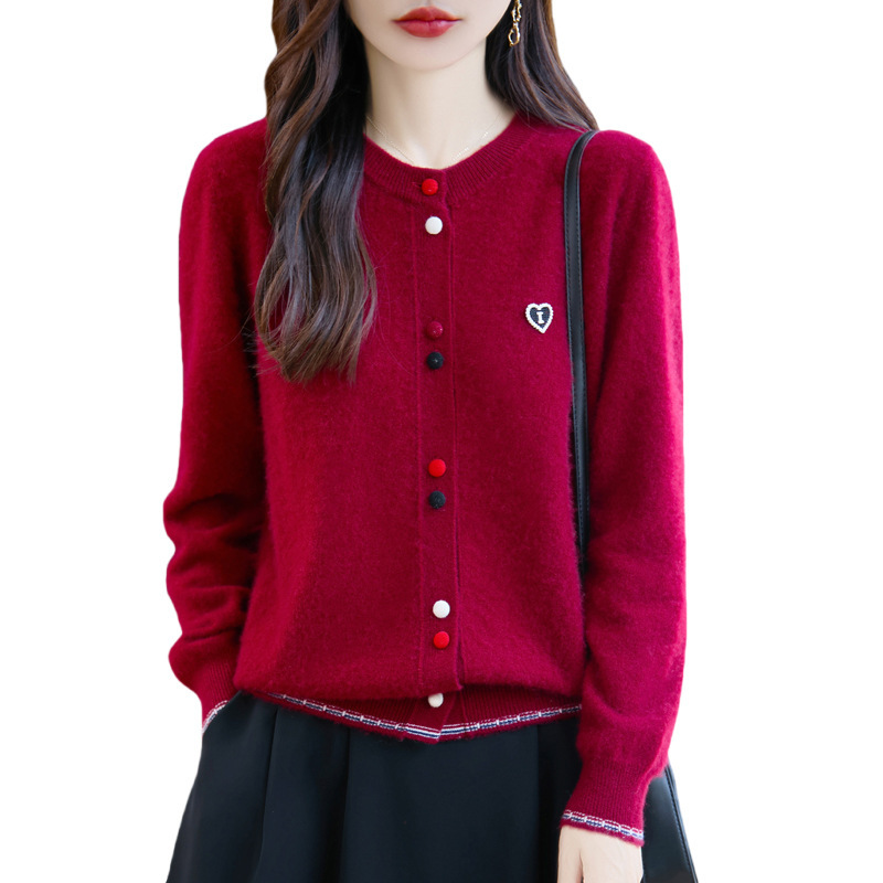 减龄彩扣纯羊毛针织开衫女春秋新款宽松休闲圆领毛衣时尚上衣外套|undefined