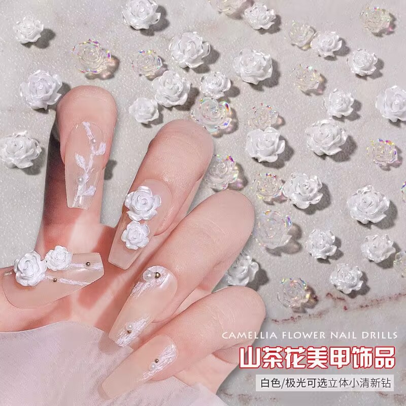 Hot Nail Art Camellia Pearl Paint White Aurora petal size Rose Everything match resin flower nail decoration