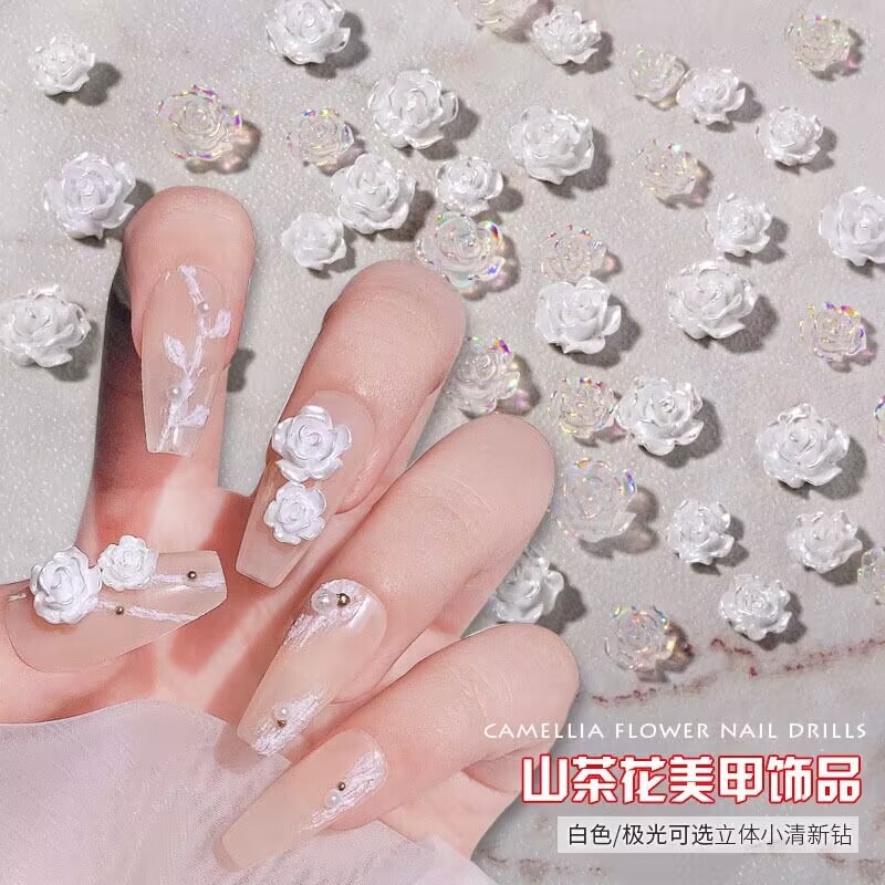 Popular Manicure Camellia Pearl Paint White Aurora Petals Size Rose Versatile Resin Flower Nail Decoration