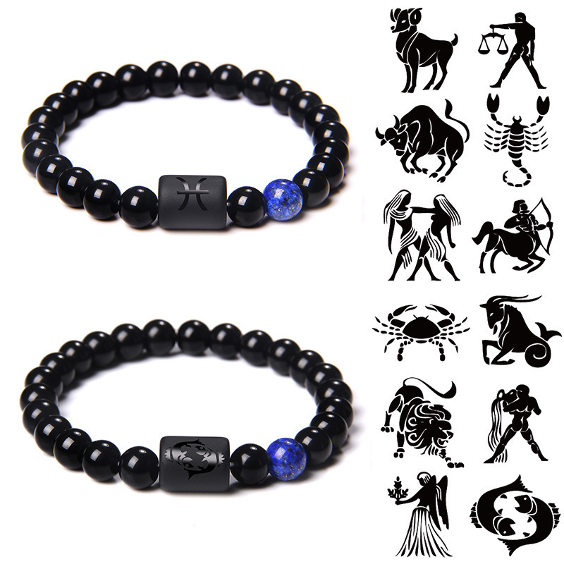 Twelve Zodiac Signs Bracelet, European and American Business Style, Couple's Elastic Bracelet, Glass Stone Beaded Jewelry, Gift for Elders and Friends