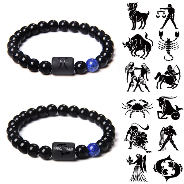 Twelve Zodiac Signs Bracelet, European and American Business Style, Couple's Elastic Bracelet, Glass Stone Beaded Jewelry, Gift for Elders and Friends