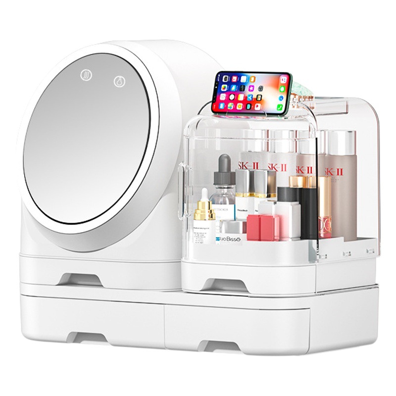 Caja de Almacenamiento para Cosméticos de Alta Gama, con Espejo y Ventilador Multifuncional a Prueba de Polvo