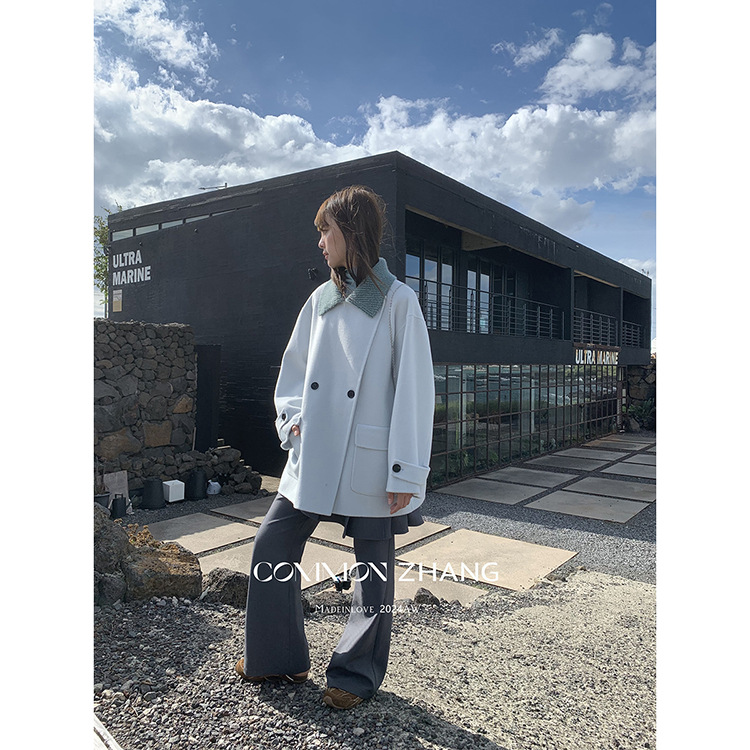 CZZHANG冬100羊毛撞色翻领大口袋宽松防风双面呢大衣A49062中长款