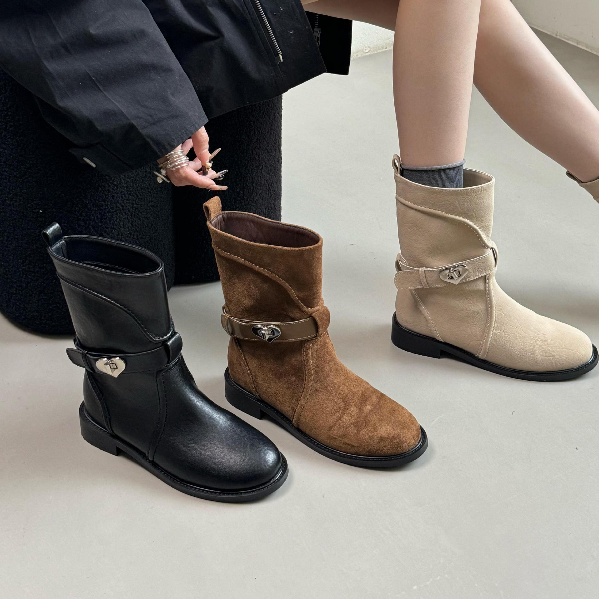 Thick Heel French Retro Western Cowboy Short Boots Women's Boots 2025 Autumn and Winter New Round Toe Low Heel Boots for Women