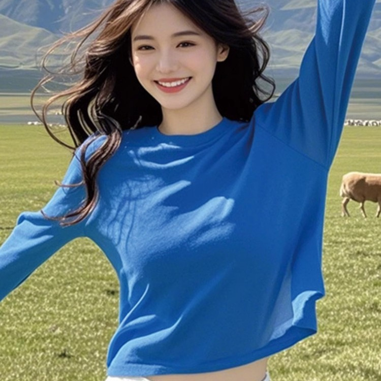 早春秋独特别致宽松长袖打底衫女设计感小众克莱因蓝绝美上衣|undefined