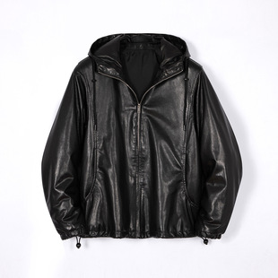 First-Layer Goat Leather Hooded Loose American Style Handsome Casual Version Bat-Sleeve Men's Jacket Leather Jacket