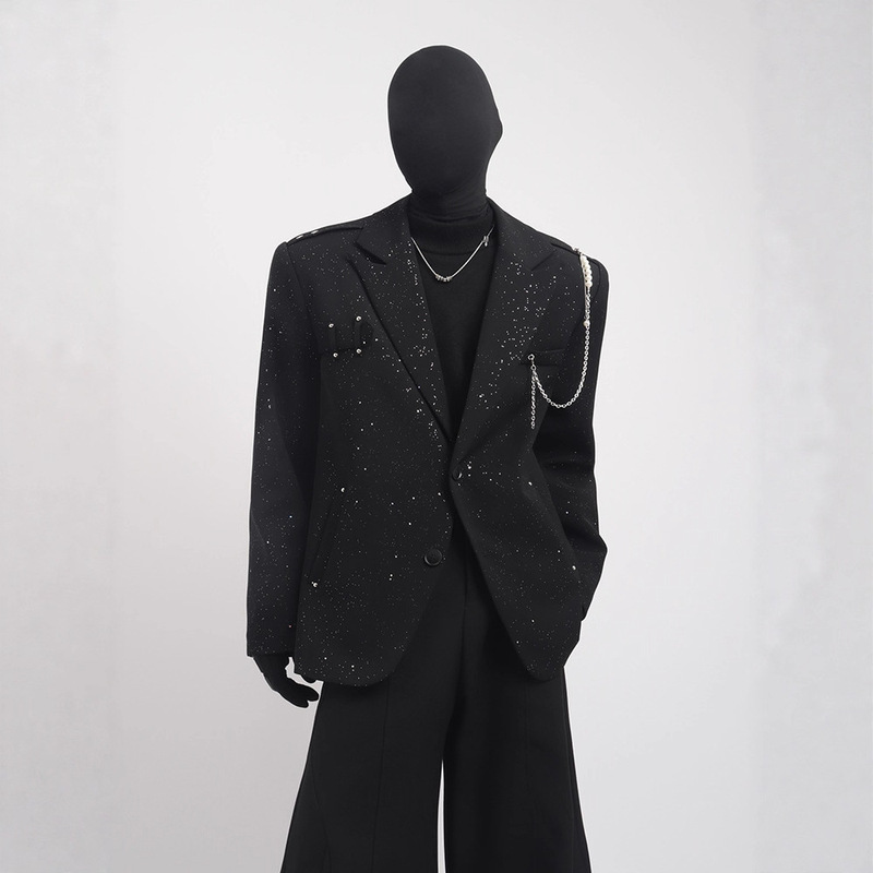 New Niche Design Pearl Chain Black Suit Jacket Men's Spring and Autum Trendy Brand Loose and Versatile Casual Suit New Niche Design Pearl Chain Black Suit Jacket Men's Spring and Autum Trendy Brand Loose and Versatile Casual Suit