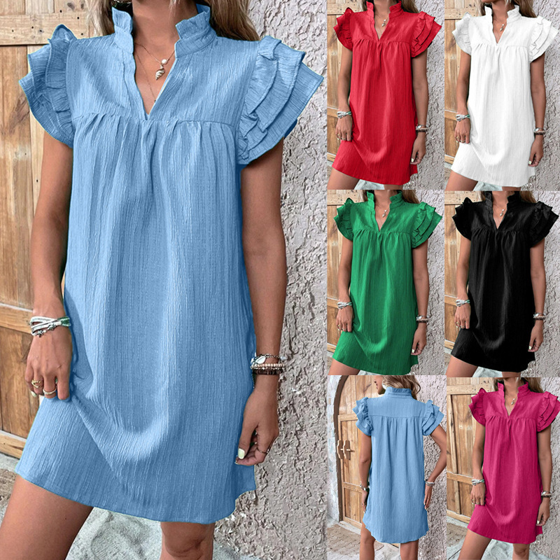 Amazon European and American Women's 2025 Summer New Fashion Joker Multi-layer Lotus Leaf Sleeve V-neck Pullover dress