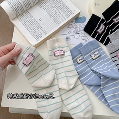 春夏新品韓系miu系撞色條紋襪子女後跟布標棉襪中筒襪灰藍色女襪