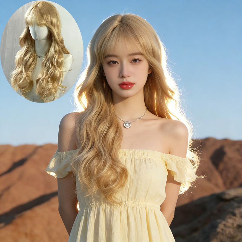 Wig women's air bangs golden big wave long curly hair Korean style net red with fluffy breathable full head cover wholesale Wig women's air bangs golden big wave long curly hair Korean style net red with fluffy breathable full head cover wholesale