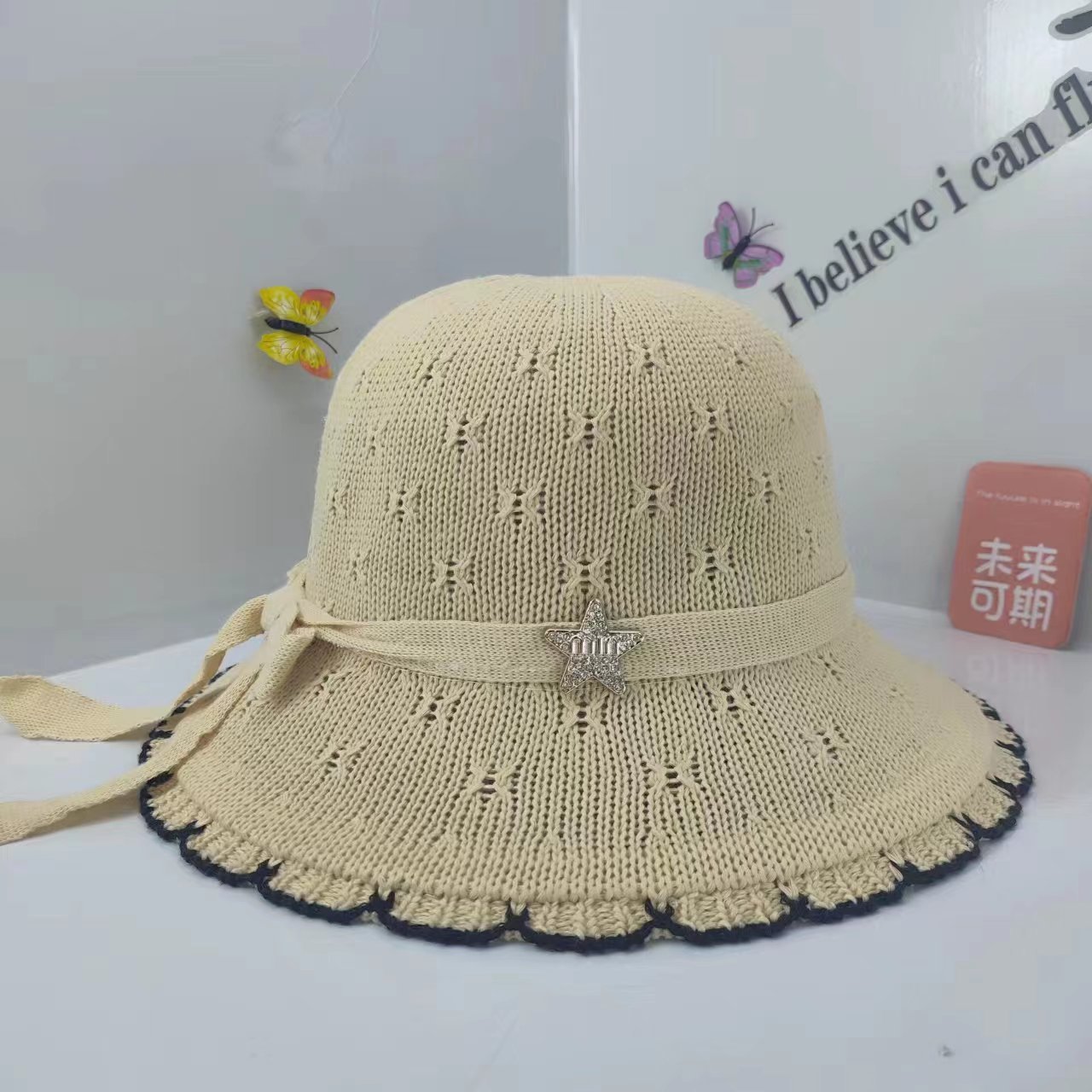 新款可摺疊防曬遮陽帽夏季針織透氣太陽帽蝴蝶結韓式沙灘帽子批發