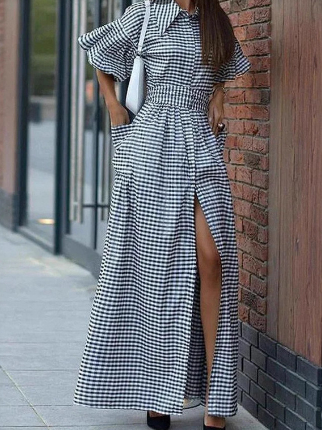 Women's Christmas Themed Long Casual Fashion Shirt Dress In Green And Red Plaid_ecoleips.com