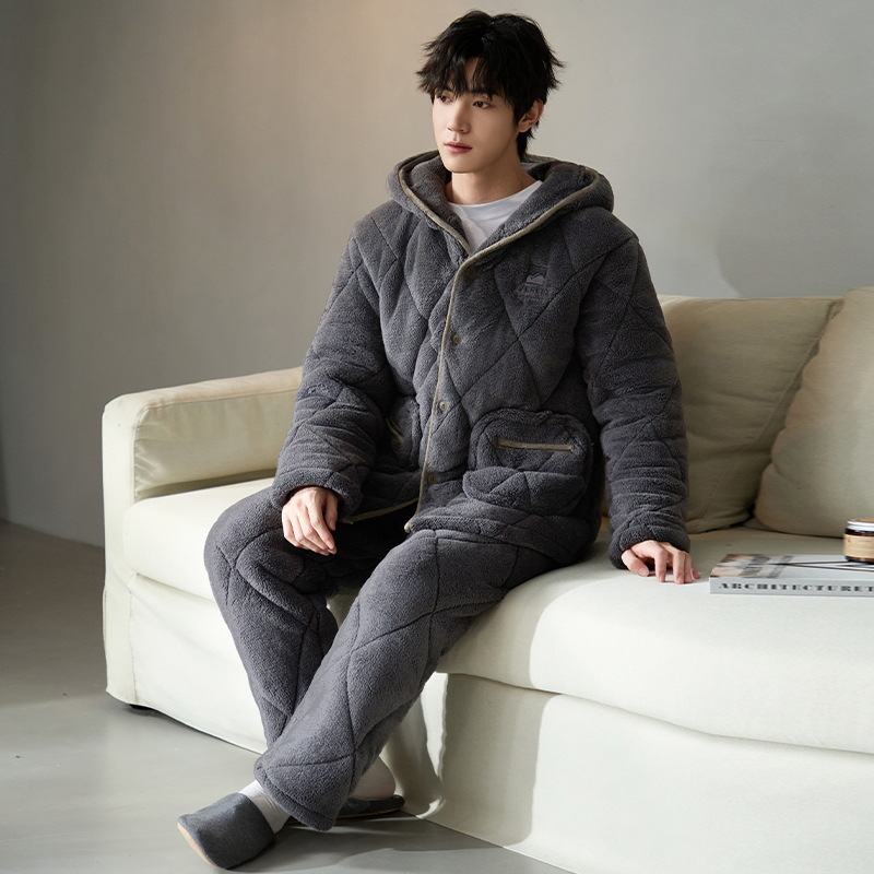 Pijama de hombre para hombre 2024 invierno encapuchado tres capas de algodón intercalado de mangas largas con camisa gruesa se puede usar en el exterior conjunto de ropa de casa