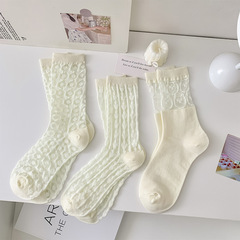 Summer and Autumn Thin Small Flower Sheer Stockings for Women, Japanese Sweet White Pile Socks, Instagram Cute Small Round Dot Glass Sheer Stockings