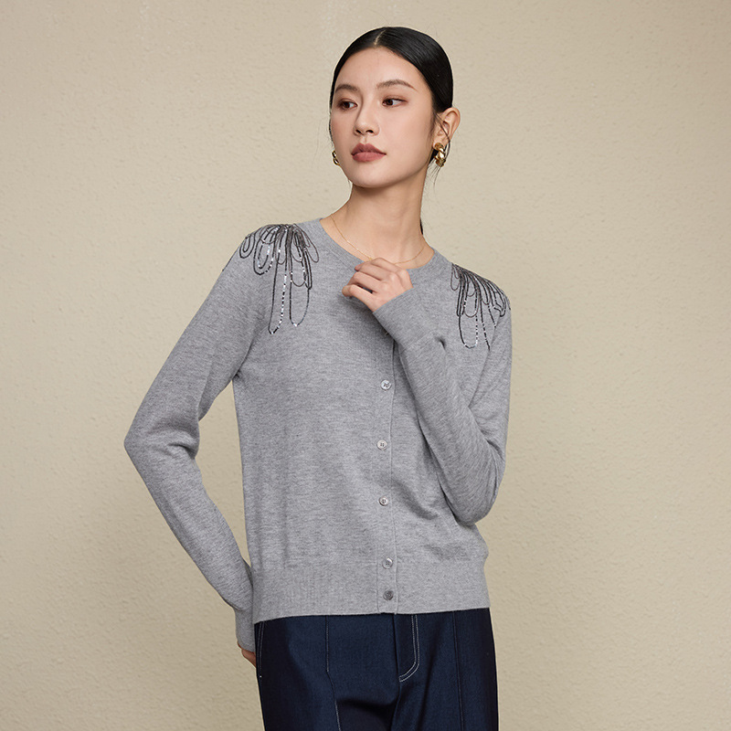 B*C Wool Knitwear with Heavy Sequins and Beaded Chains, Elegant Solid Color Round Neck Knit Cardigan, Thin Spring Top for Women B*C Wool Knitwear with Heavy Sequins and Beaded Chains, Elegant Solid Color Round Neck Knit Cardigan, Thin Spring Top for Women