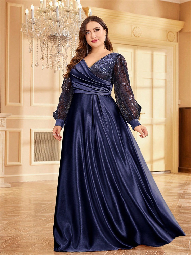ChicShe Cross-Border Neues elegantes Plus-Size-Kleid aus Satin mit Pailletten, langen Ärmeln, V-Ausschnitt, schmal geschnitten, für Brautjungfern, Bankette und Abendveranstaltungen_voghion.com