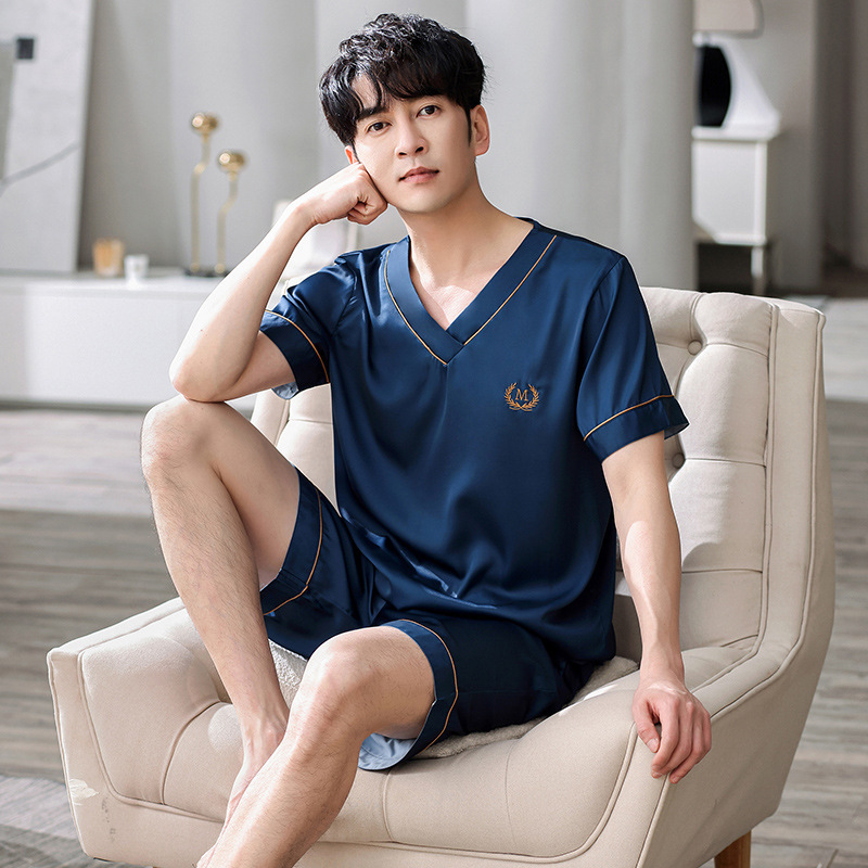 Men's Ice Silk pajamas summer short-sleeved shorts 2024 new simple luxury solid color home wear summer V-neck Men's Ice Silk pajamas summer short-sleeved shorts 2024 new simple luxury solid color home wear summer V-neck
