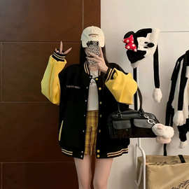 春秋季字母印花美式复古棒球服女韩版新款宽松学生夹克外套上衣服