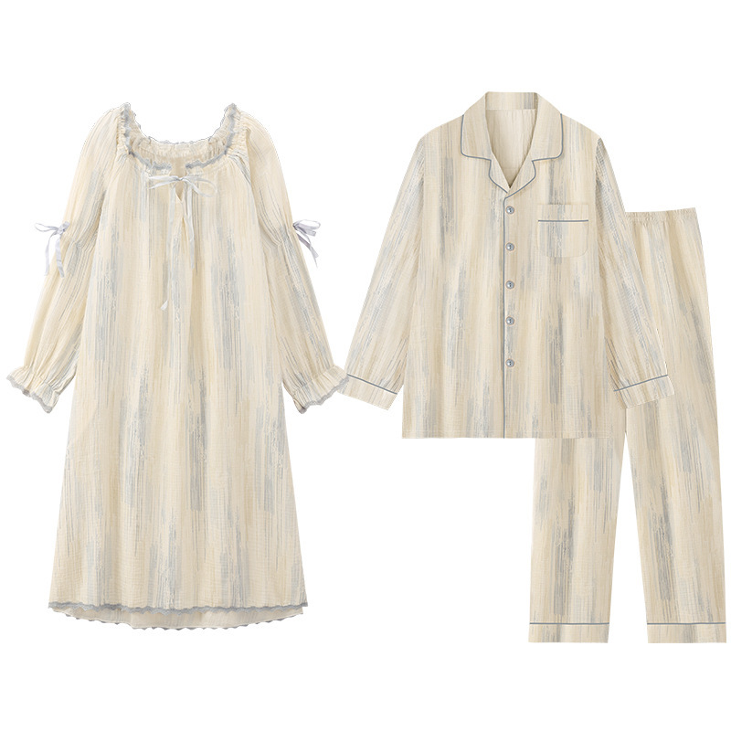 二重ガーゼ綿ガーゼナイトガウン、カップルパジャマ、男女春秋純綿長袖綿シルクホーム服|undefined