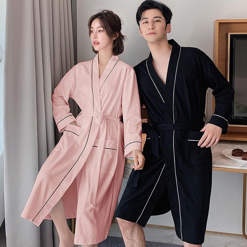 Couple Style Nightgown Spring, Autumn and Winter Long Pure Cotton Hotel Pair Thin Water-Absorbent Quick-Drying Men's Bathrobe Pure Color Simple
