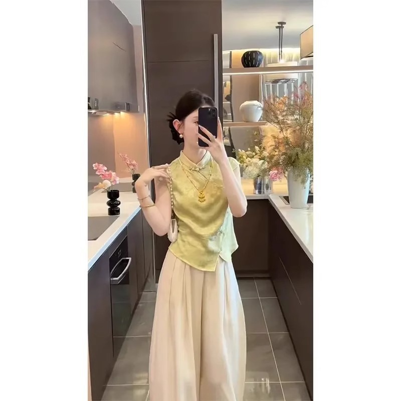 新しい中国風スーツ、女性用レトロ中国風半袖トップス、夏痩身、ハイウエスト、ユニークで美しいパンツ、ツーピーストレンドセット|undefined