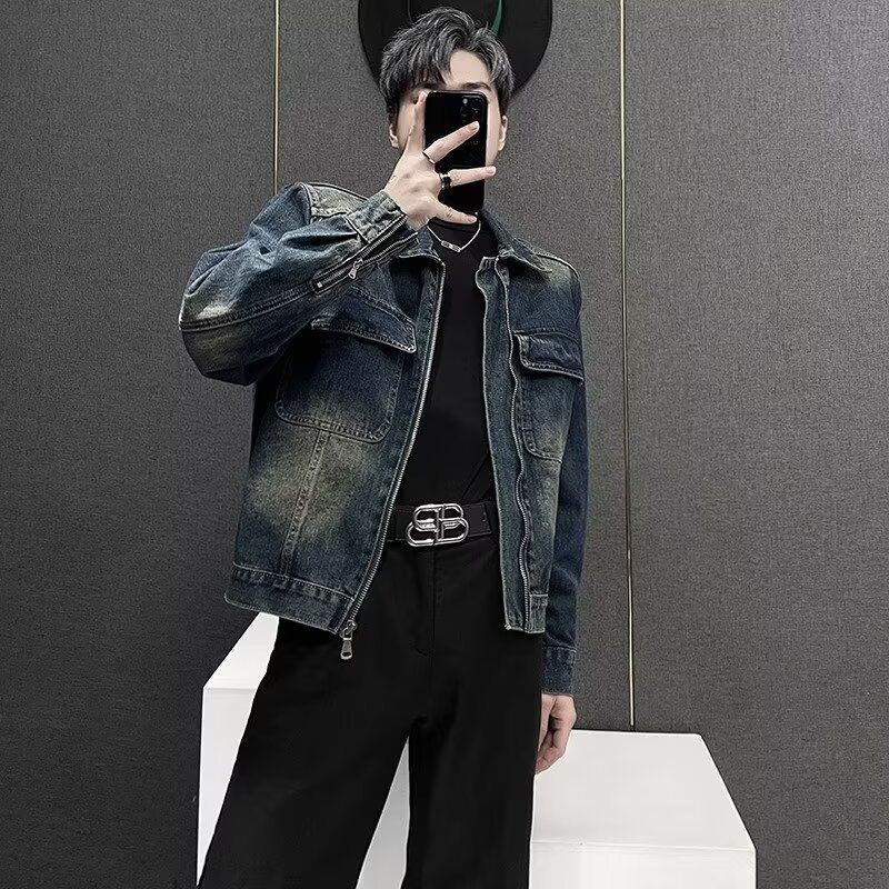 봄과 가을 데님 자켓 남성 유럽과 미국 스타일 고민 레트로 슬림 핏 최고 남성 캐주얼 핸섬 지퍼 재킷 트렌디