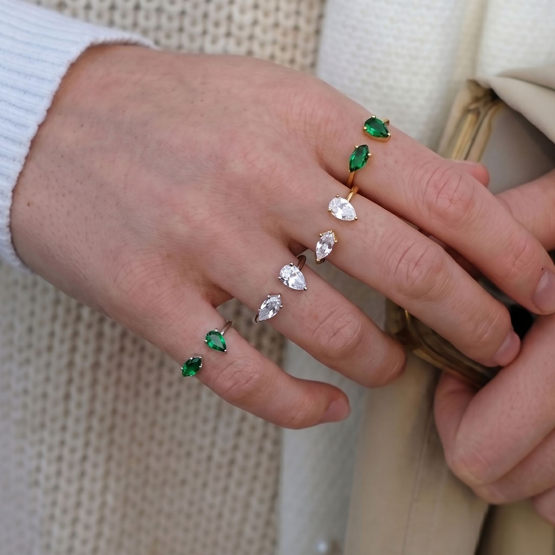 Light Luxury Green Zircon Open Ring, Water Drop Design, Titanium Steel Material, Stylish for Daily Wear