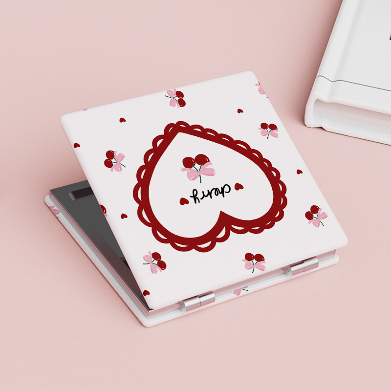 63g Weight Mirror Makeup Tools Types 1 Piece Quantity Pu Leather Material Cartoon, Peach, Cherry Pattern Cute Style Cute Cartoon Peach Cherry Pu Leather Mirror 1 Piece 3