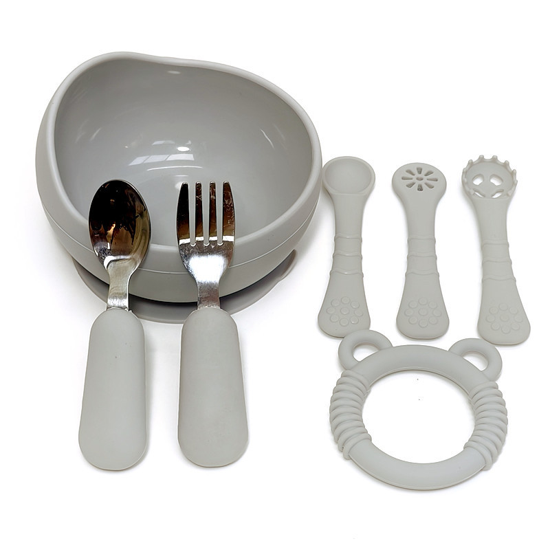실버 그레이 (어린이 그릇 + 곰 치발기 + 원형 포크 + 트레이닝 포크와 스푼)