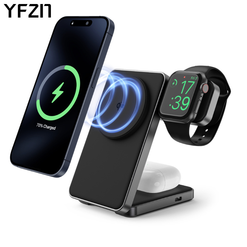 Cargador inalámbrico magnético Qi2 de 15W, de silicona líquida, tres en uno, plegable, de aleación de aluminio.