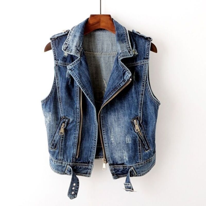 Women's denim vest, Korean style, new spring/autumn collection, short and versatile, with distressed details, motorcycle jacket style, sleeveless, with a suit collar Women's denim vest, Korean style, new spring/autumn collection, short and versatile, with distressed details, motorcycle jacket style, sleeveless, with a suit collar