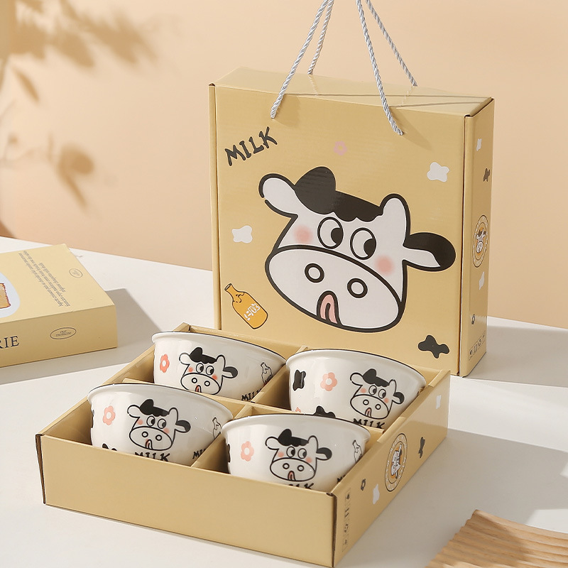 Cute Cow Ceramic Tableware Bowl and Chopsticks Set for Opening Events, Promotions, Wedding Favors, Small Gifts Wholesale