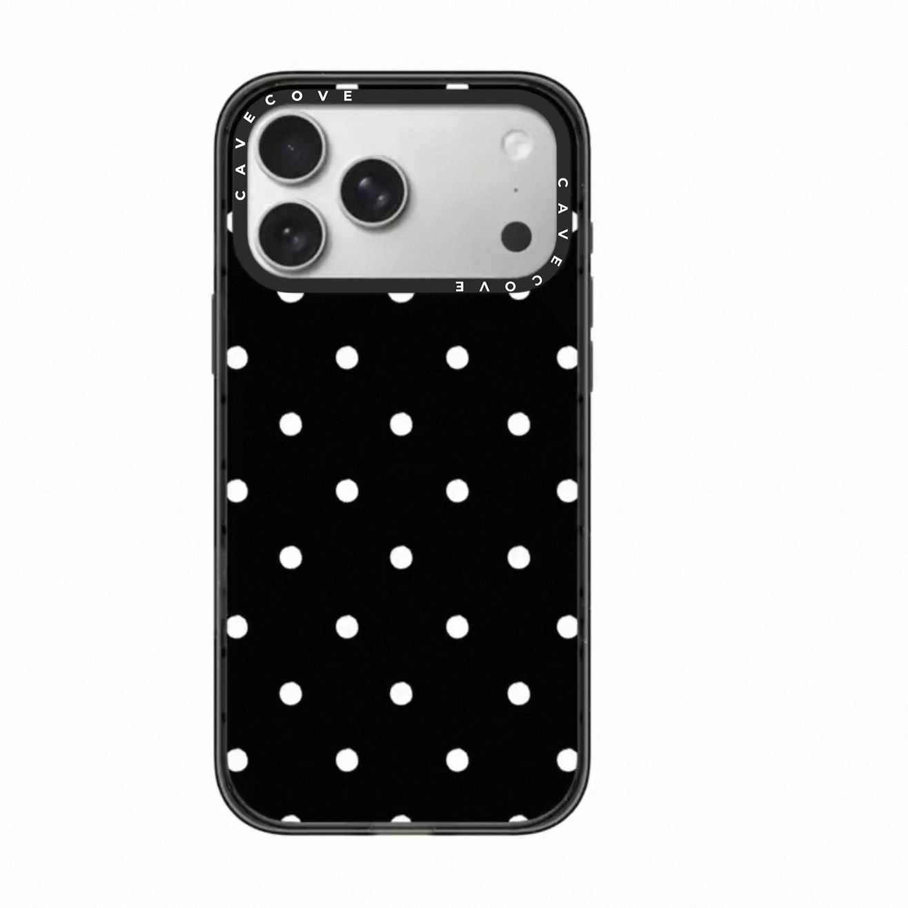 Black background, white polka dots, transparent-black frame