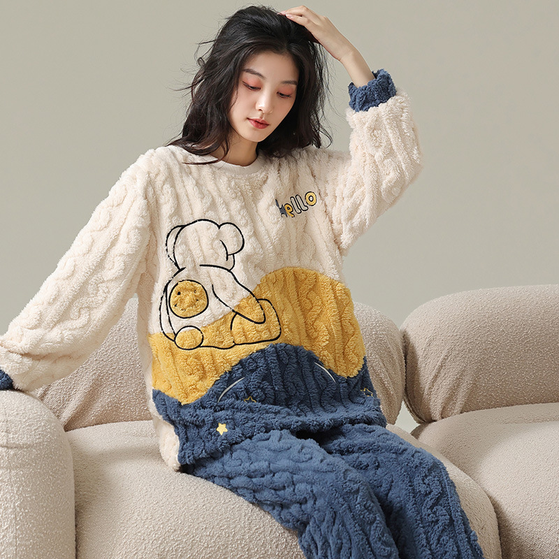 Pijamas de vellón de coral para mujer Otoño e Invierno engrosada franela forrada de vellón ropa para el hogar traje de dos piezas para mujer dibujos animados lindo